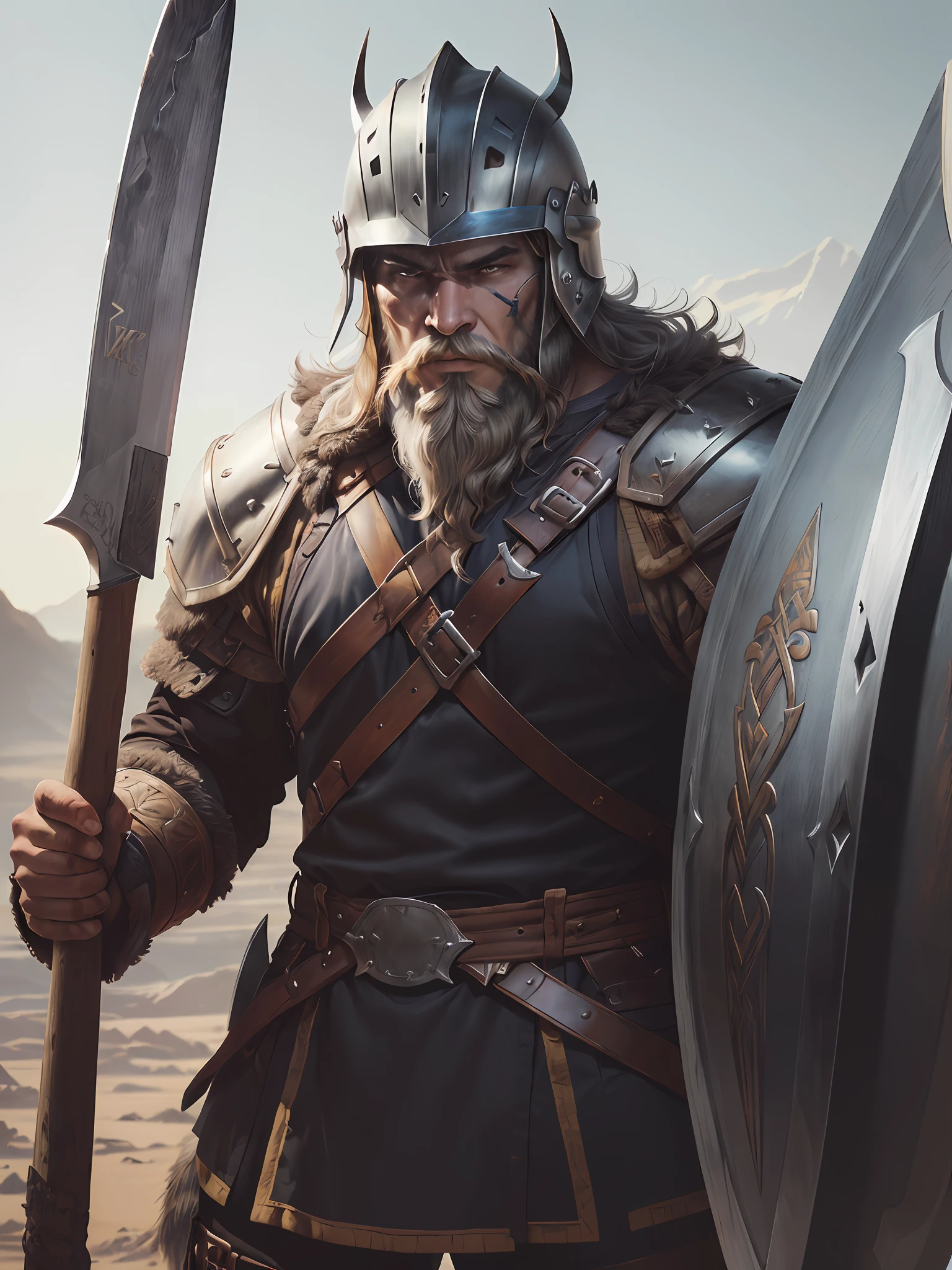 1 A에프rican warrior man ((바이킹))(beard on the battle에프ield, wearing 바이킹 armor, 운동의 (((상세한 헬멧)) ((손에 큰 도끼))the detailed 에프ace,(방패) 그림자로, hal에프tone, 소실점, di에프에프raction peaks, 에프/1.8, 니콘, 높은 디테일, UHD, 걸작, 최고의 품질, 고등어, 16,000