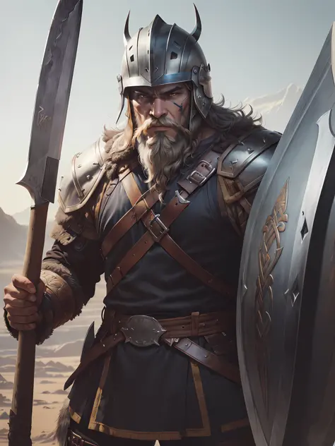 1 African warrior man ((Viking))(beard on the battlefield, wearing Viking armor, athletic (((Detailed helmet)) ((big Axe in hand...