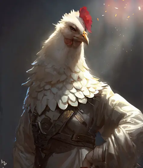 Red fleece, white hen in a white dress, anthropomorphic hen, chicken feather armor, Wojtek Fus, fantasy duck concept portrait, a...