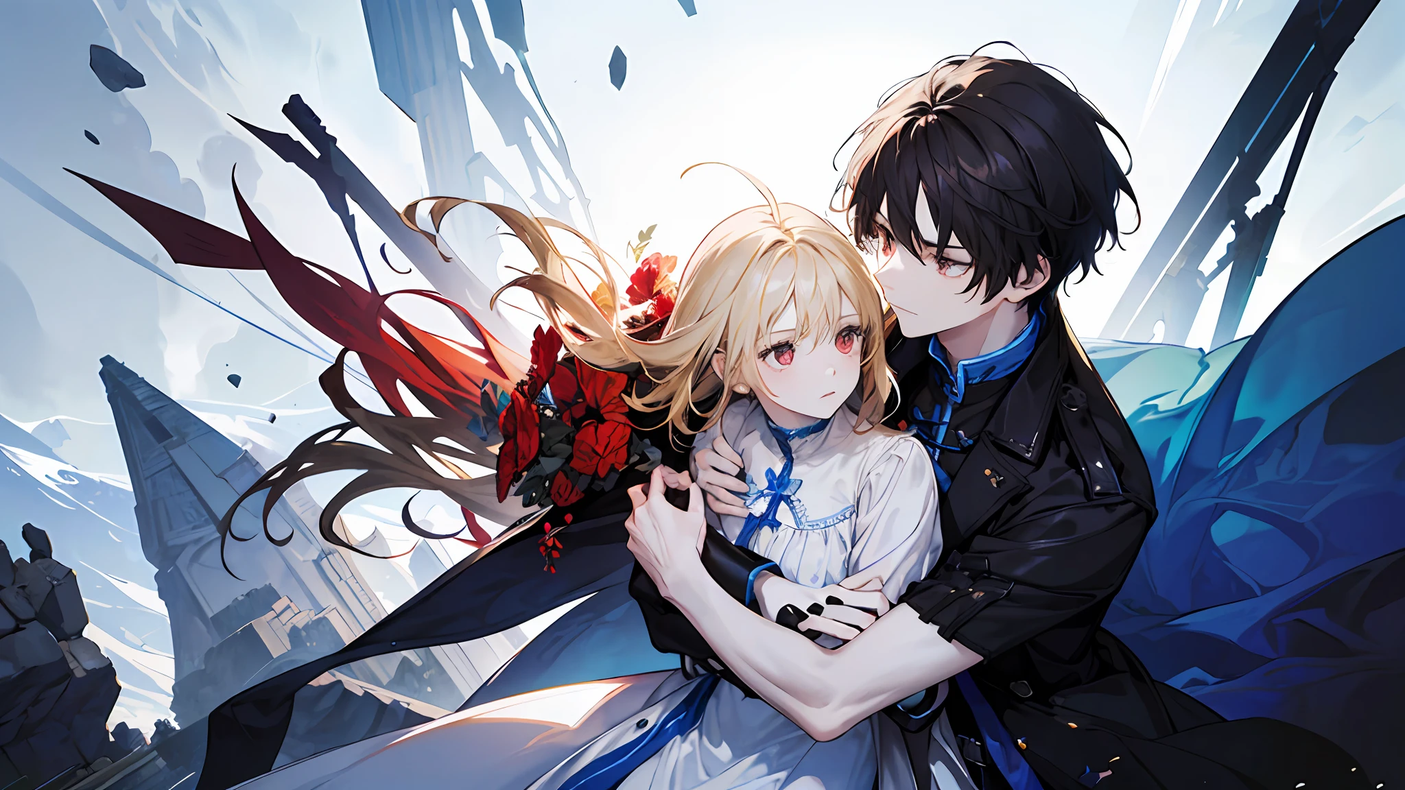 Anime couple hugging in front of a blue sky with red flowers - SeaArt AI