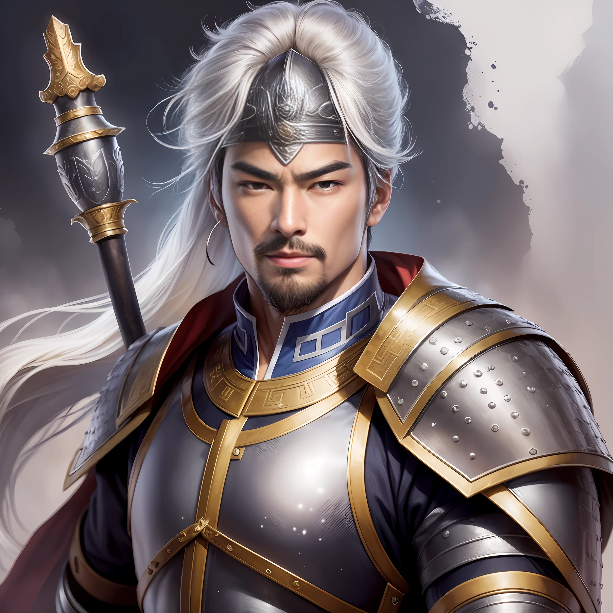 (Cinematic Light, Best Quality, 8K, Masterpiece: 1.3)), (1 man, young martial general, Chinese warrior general during the Three Kingdoms period: 1.4), (Dressed in silver-white armor, shining, holding a spear, handsome face, super detailed face, extreme detail, extreme clarity: 1.3), full body portrait, facing the camera and smiling, detailed eyes, double eyelids