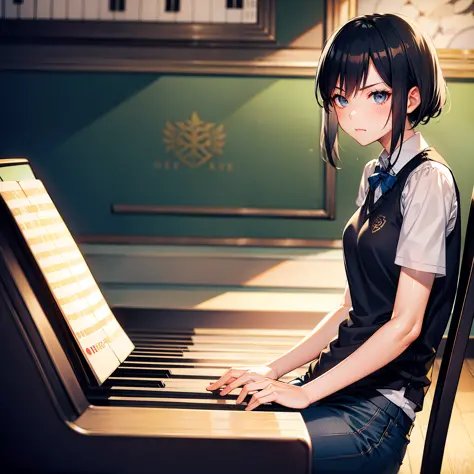 A Chinese girl sits at a table, playing the piano, playing the piano, she has short black hair, wears a black vest and a pair of...