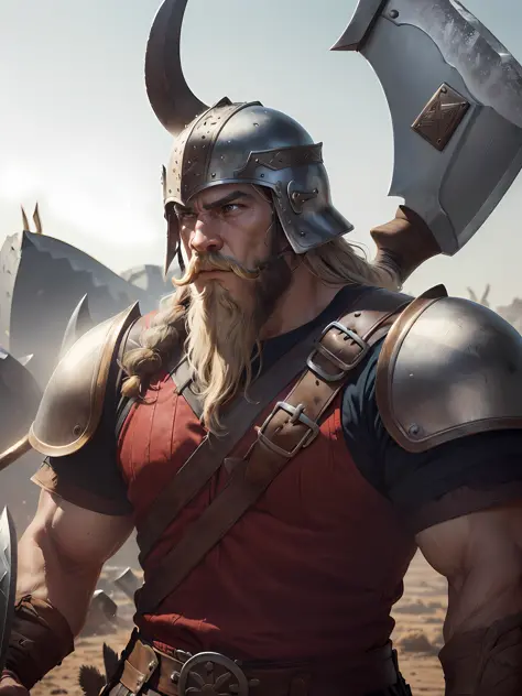 1 Man ((African)) warrior ((Viking))(beard on the battlefield, wearing Viking armor, muscular (((Detailed helmet)) ((large Axe i...