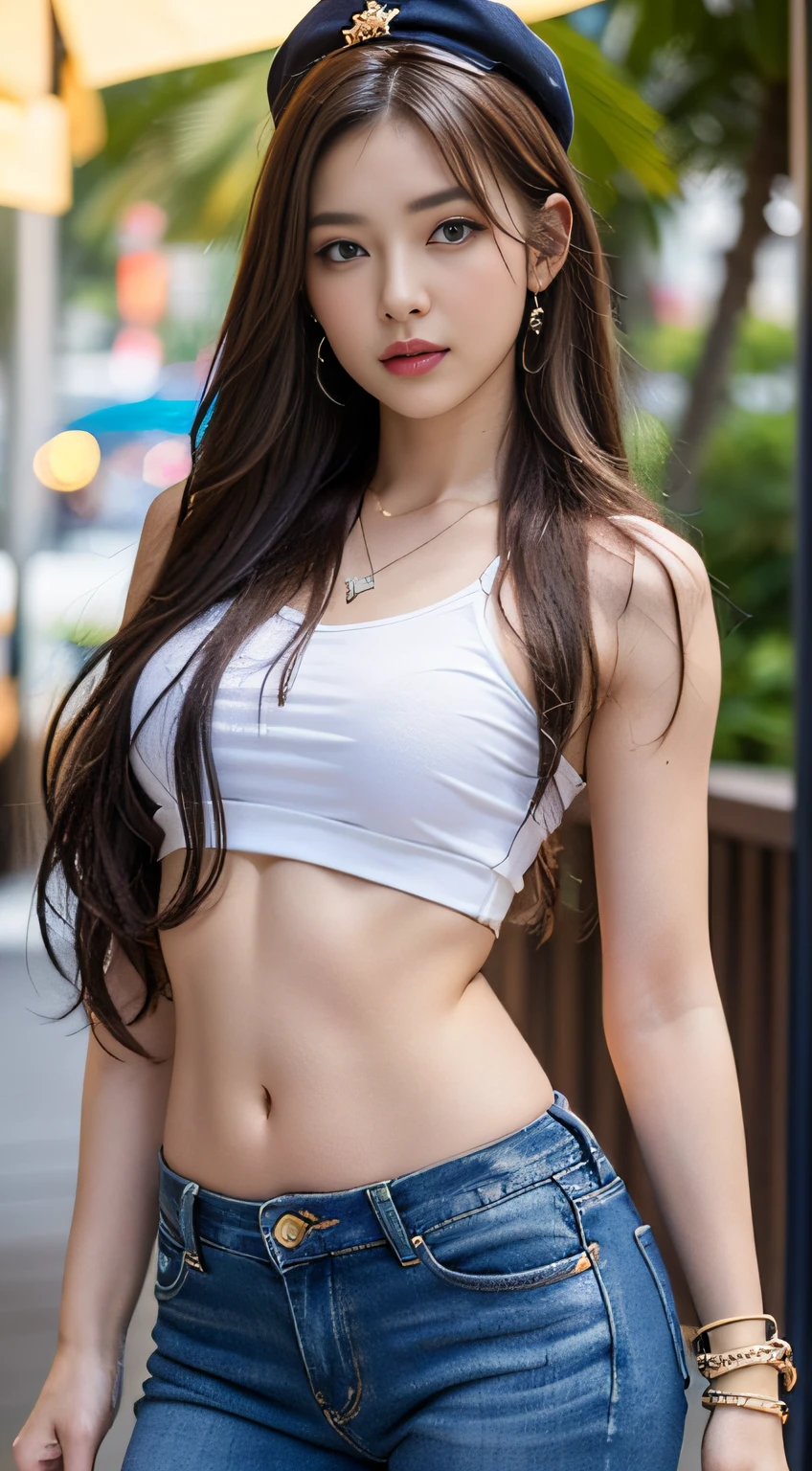 ((Top Quality, 8k, Masterpiece: 1.3)), Crisp Focus: 1.2, Beautiful Women in Perfect Style: 1.4, Slender Abs: 1.2, (((Dark Brown Hair, Big: 1.2)), Angel Face, Detailed Face, Beautiful Girl, Cute, Navel, Sleeveless, Waikiki Beach: 1.2, Palm Tree, (Front Shot), (Full Length Photo: 1.3,), Highly detailed face and skin texture, detailed eyes, double eyelids (cowboy shot: 1.2), (perfect anatomy: 1.2), (white t-shirt, jeans, pendant, bracelet, cap: 1.0),