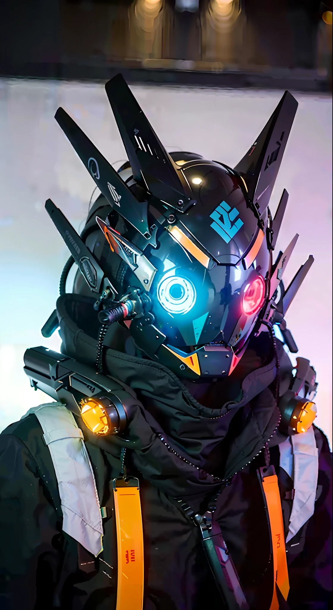 Masterpiece, best quality, a close-up of a futuristic-looking cyborg girl with a fantastic cyberhelmet head with golden triangular LED lights and a halo, dressed in a colorfull Techwear jacket, full body white background