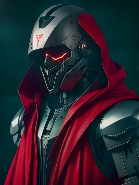 (Masterpiece, Best Quality), Intricate Details, Photos, Realism, Unreal Engine, Robot Portrait in Red Cloak Closeup, Male Robot, Mecha, Humanoid Robot, Robot Joint, Joint, Helmet, Armor, Robot, Rust, Abandoned Warehouse, Computer Terminal, Arc, Dark Atmosp...