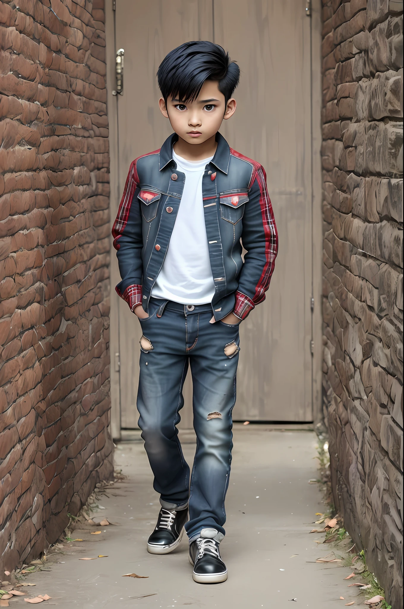 young boy, 12 years old, full body, front view, spiky short black hair, brown skin, blue eyes, full body,