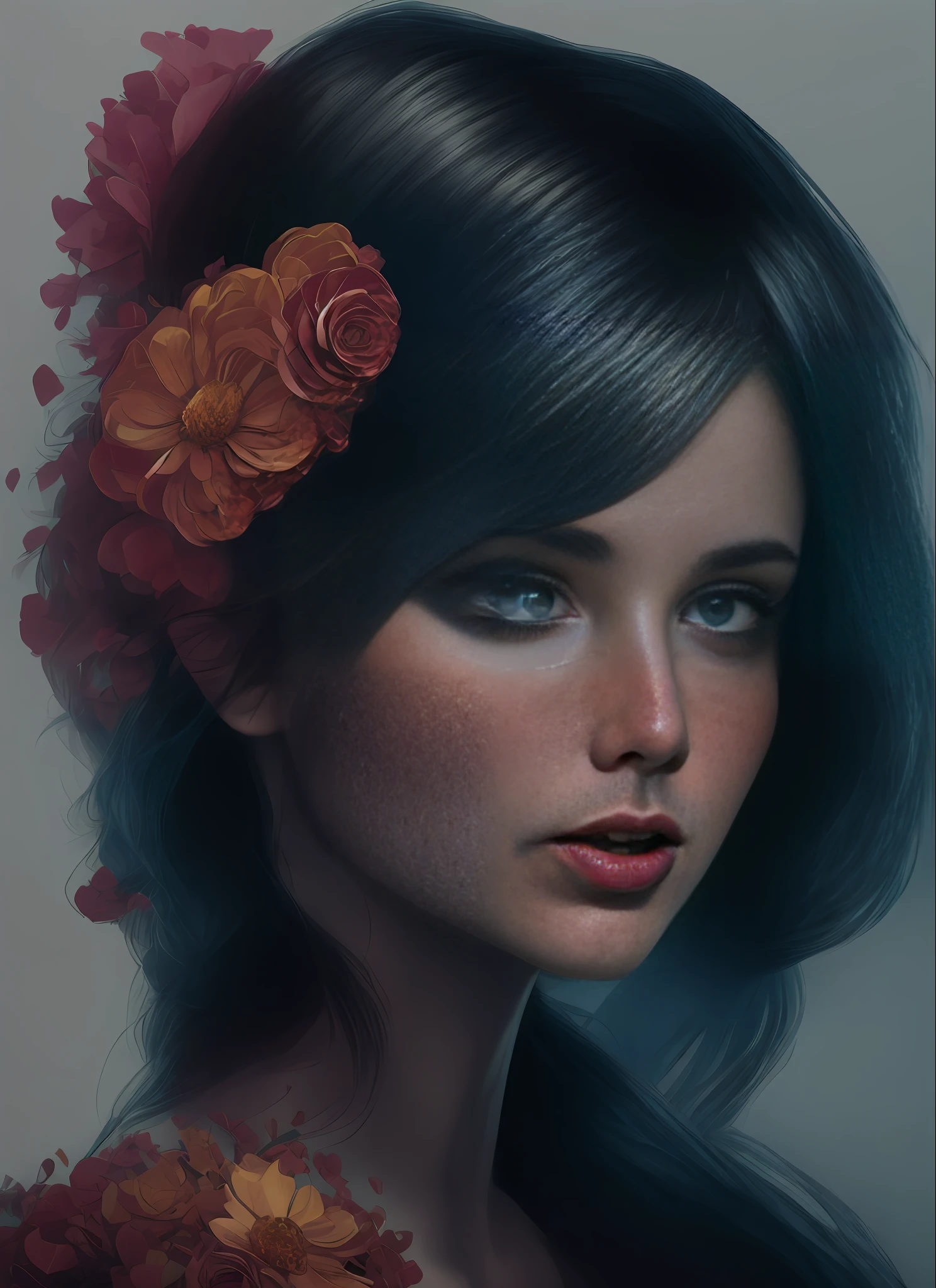 (samdoesart:1.1) (dreamlikeart:1)  kuvshinov Charlie Bowater realistic Lithography sketch portrait of a woman, flowers, [gears], pipes, dieselpunk, multi-colored ribbons, old paper texture, highly detailed