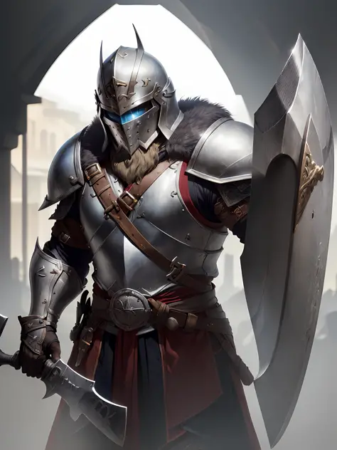 1 Man ((African)) warrior ((Knight Templar ))(beard on the battlefield, wearing Viking armor, muscular (((Detailed helmet)) ((la...