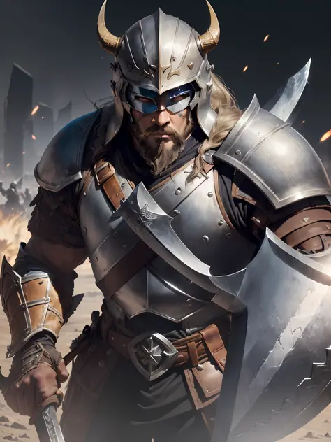 1 man ((african)) warrior ((knight templar ))(beard on the battlefield, wearing viking armor, muscular (((detailed helmet)) ((la...