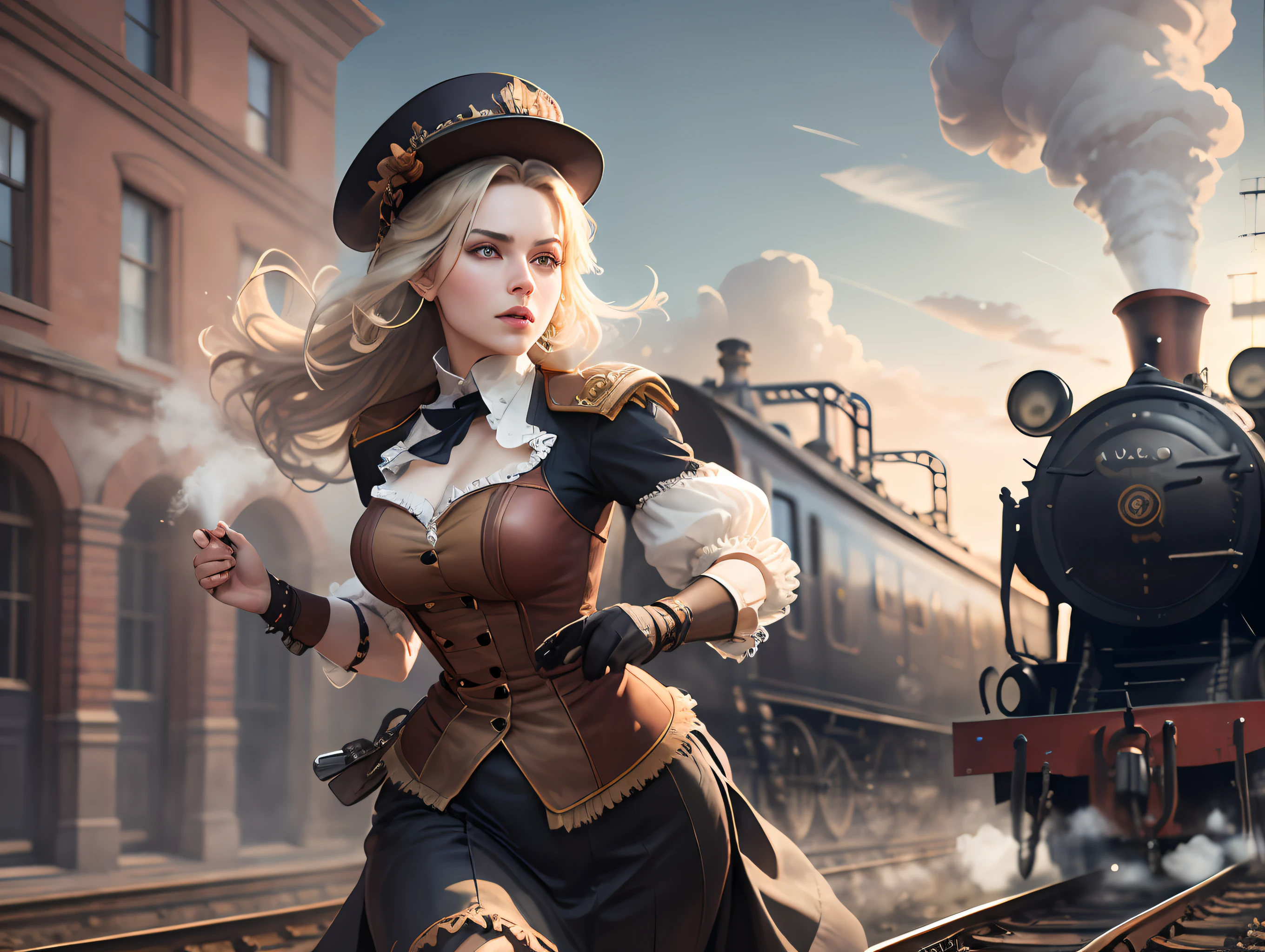 19th century, Anna Karenina a young woman 30 yo in a dress and hat running away from a steam train on rails, steampunk style, detailed,best quality, photo realistic,UHD, octane render, sharp focus, masterpiece,