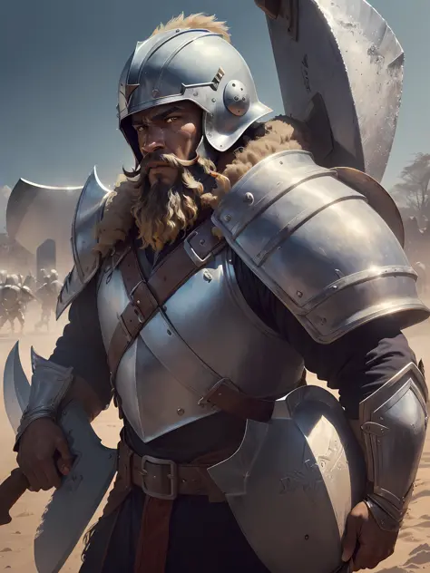 1 Man ((African)) warrior ((medieval))(beard on the battlefield, wearing armor, muscular (((helmet Detailed)) ((large Axe in han...