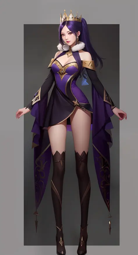 (Best Quality, High Quality: 1.2, A Woman in a Purple Dress and Black Stockings, Crown on Head, Full Body Fairy, Beautiful Full Body Concept Art, Concept Art |.) Artgerm, League of Legends concept art, style art germ, G liulian art style, riot game concept...