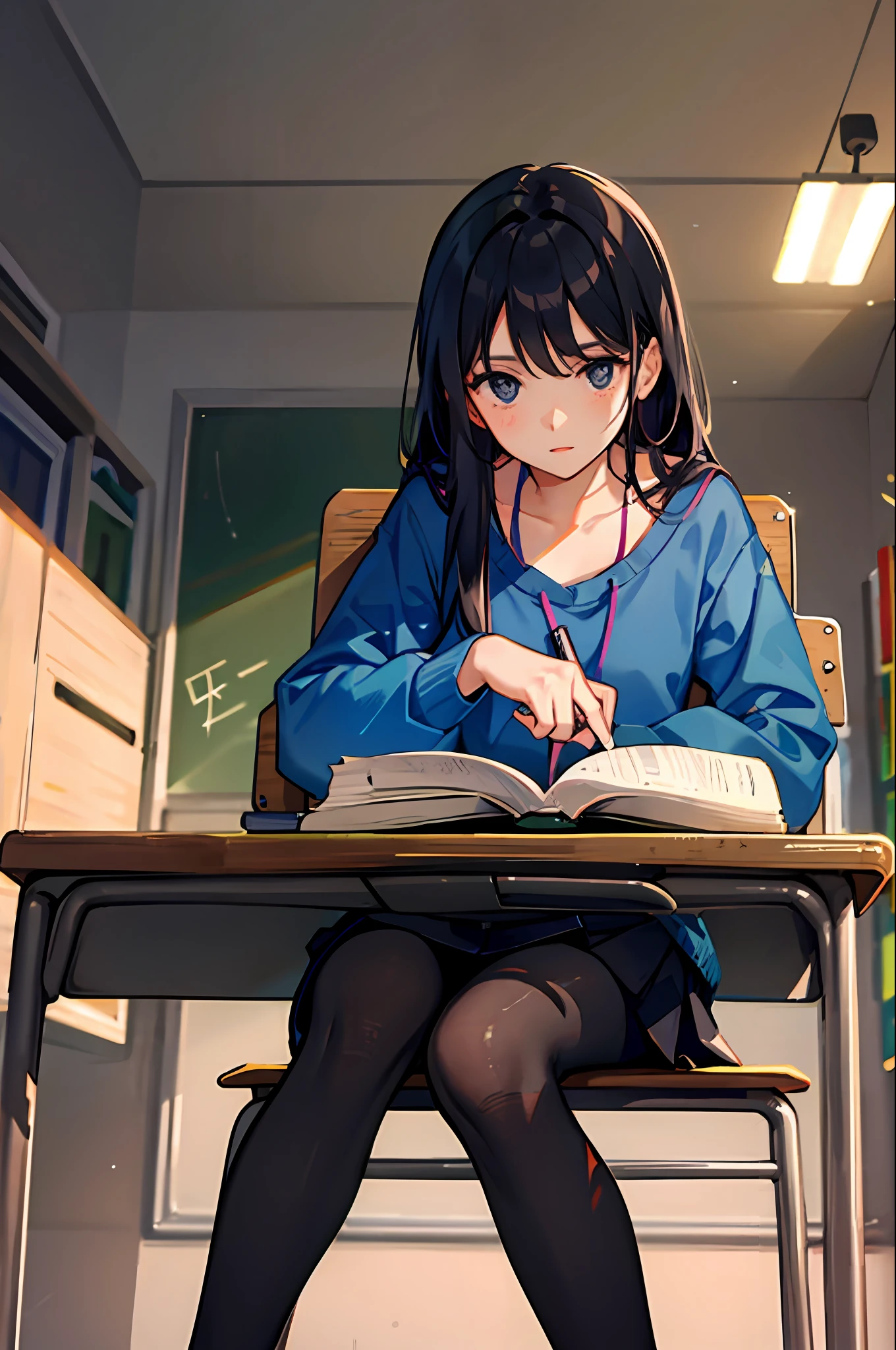 一个女孩在教室的桌子上看书