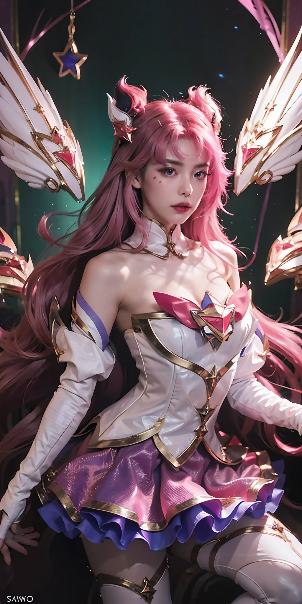 kaisasg, 1girl, star guardian (league of legends), long hair, solo, wings, skirt, gloves, white gloves, elbow gloves, bare shoulders, bangs, magical girl, purple skirt, pink hair, very long hair, magic, red hair, purple eyes, horns, moon, sky, star (symbol), hair ornament