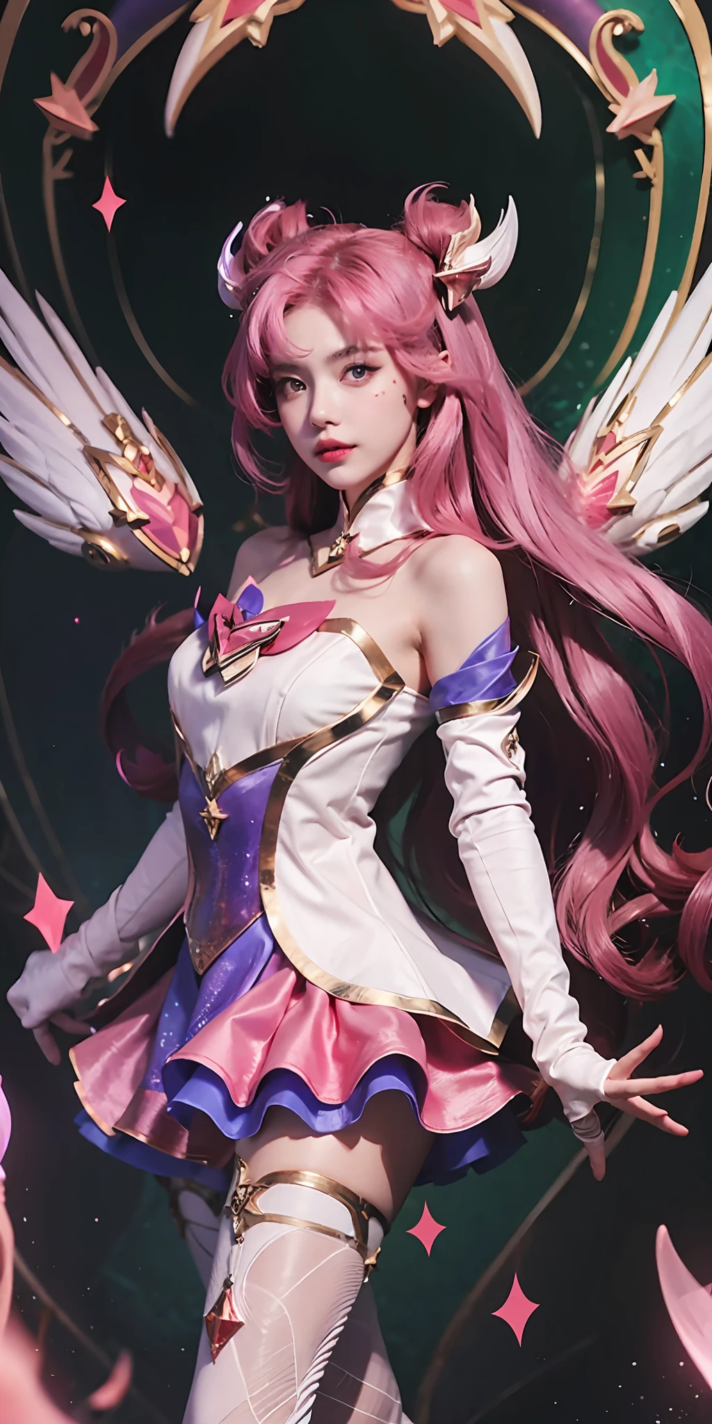 kaisasg, 1girl, star guardian (league of legends), long hair, solo, wings, skirt, gloves, white gloves, elbow gloves, bare shoulders, bangs, magical girl, purple skirt, pink hair, very long hair, magic, red hair, purple eyes, horns, moon, sky, star (symbol), hair ornament