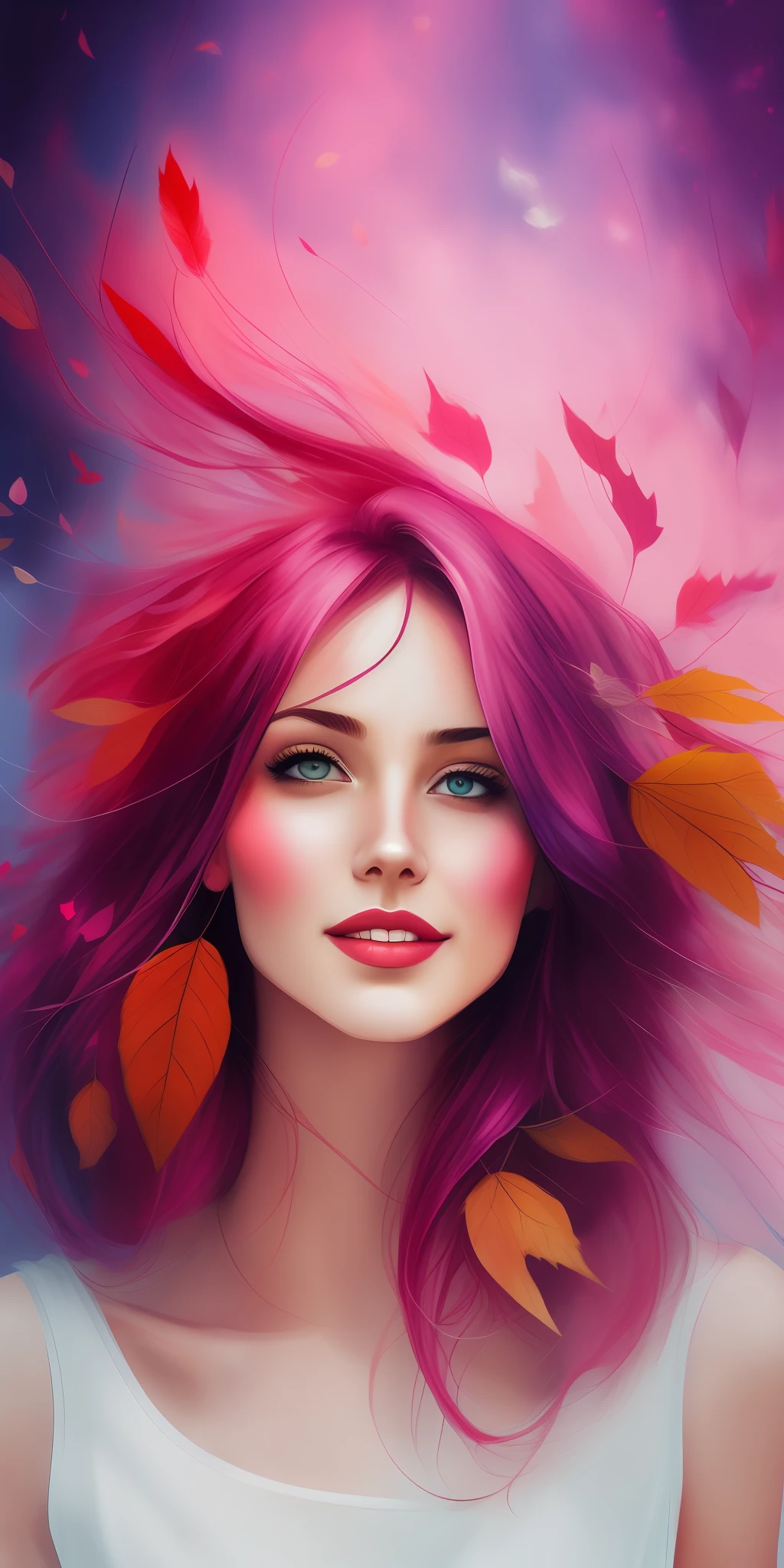 A picture of MSE A beautiful woman,The most beautiful girl by Agnes Cecile, cheerful expression, beautiful pink hair moved by the wind, autumn leaves in the air, dress moved by the wind,luminous design, pastel colors, ink drops, autumn lights,