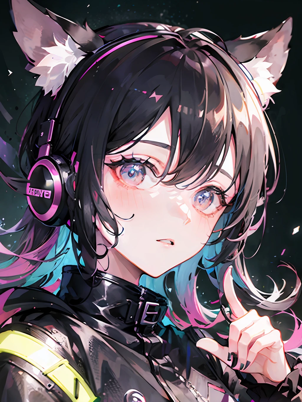 Masterpiece, best quality, colorful, a teenager with pink|black pigtails wearing a detailed leather jacket and anime tee-shirt touching a translucent panel, in a dark void filled with small intense light particles,   jacket off a shoulder, floating screens in front, dramatic viewing angle, dynamic pose, (face focus close up:1.2), detailed headphones with neon ears

All in view

Depth of field, high resolution, extreme intricate details, dramatic shadows, global illumination