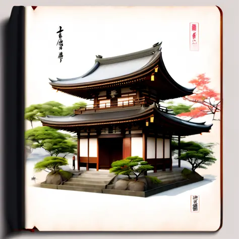 guidebook cover, tokyo, shrine, photoreal, 8k, best quality, super high resolution, beautiful in detail, sumi-e