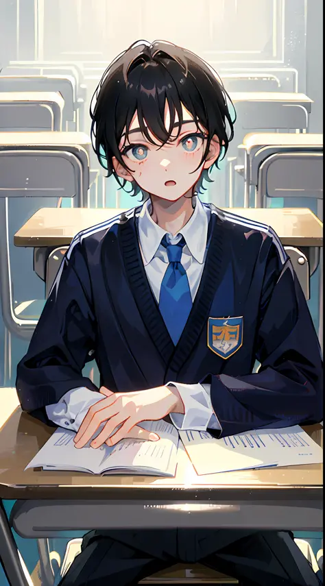 ((Boy: 2, Best Quality)), son, wearing a light blue school uniform, sitting on a class seat, hands parallel to the table, square...