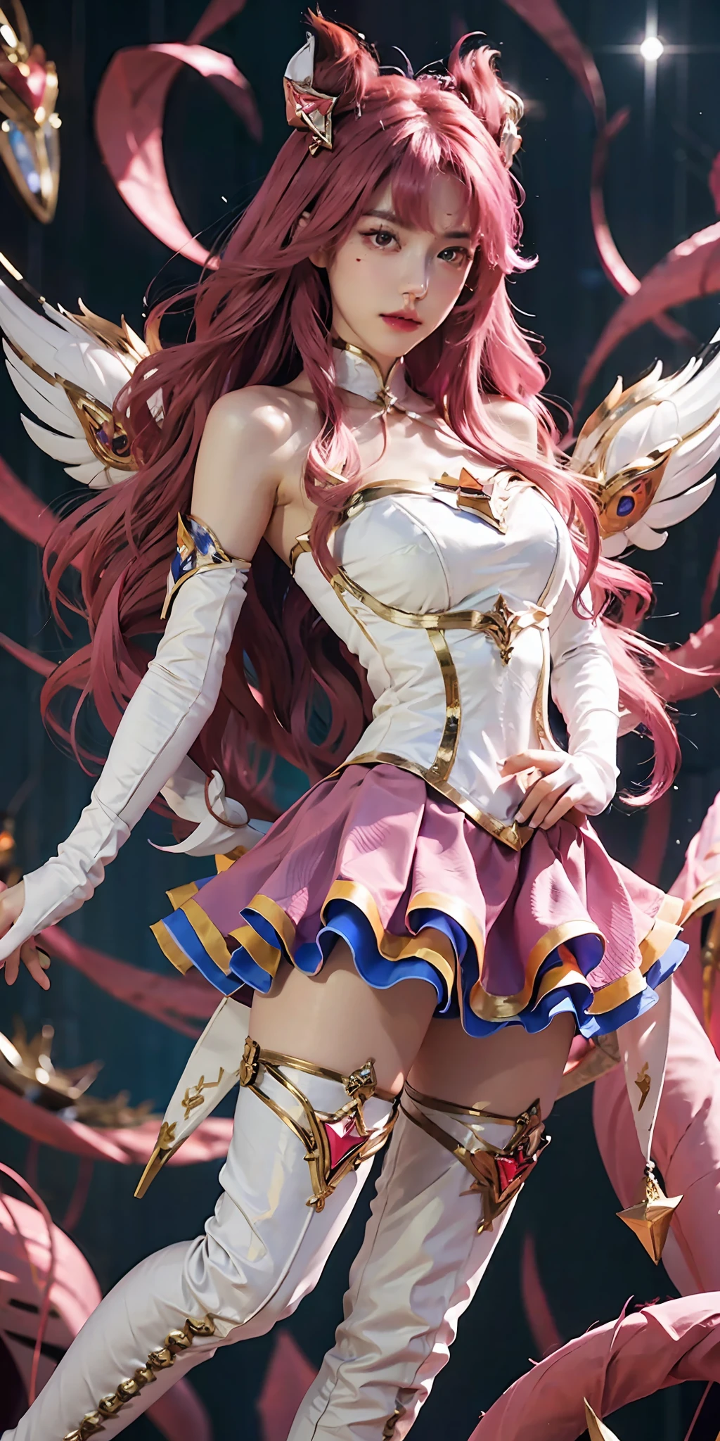 1girl, star guardian (league of legends), pink hair, gloves, long hair, thighhighs, skirt, thigh boots, elbow gloves, hand on hip, bare shoulders, solo, (wings), white gloves, breasts, boots, pink eyes, full body, bangs, magical girl, hair ornament, star (symbol), looking at viewer, high heels, standing，Wing headgear, perfect face, beautiful face, perfect eyes,