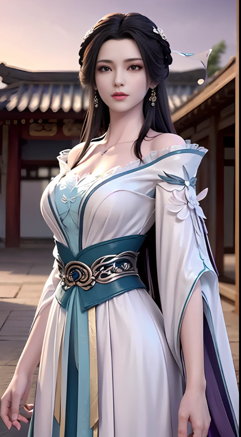 Solo, 1 Beautiful Female, Wuxia World, (1 Girl), (Full Body), (Xiuxian World), Chinese Immortal Wuxia, (Purple Cross-collared Top, Ancient Long Skirt, Embroidered Cape, Streamer), Brunette Hair, Chinese Coiled Bun, Hairpin, Light Pink Lips, Calm, Intellectual, Delicate Face, Masterpiece, Best Quality, High Quality, High Definition, High Quality Texture, High Quality Shadows, High Detail, Cinematic Light, Side Lighting, Ray Tracing, Sharp Focus, Realistic, Edge Light, Two-tone Light, (Detailed Skin Details: 1.2), 8k uhd, SLR, soft light, high quality, high resolution, (very detailed CG unity 8k wallpaper)