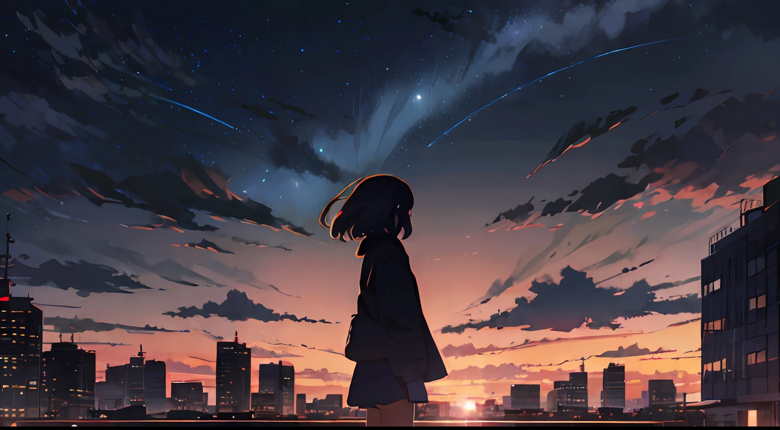 anime,silhouette,1girl, star (sky), cloud, cityscape, building, city, outdoors, skyscraper, city lights, night, night sky, sunset, skyline