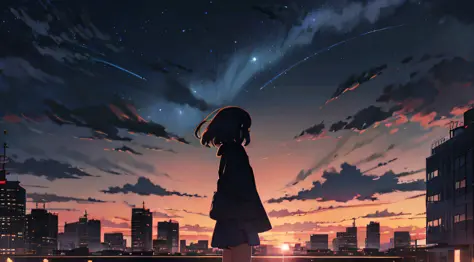 anime,silhouette,1girl, star (sky), cloud, cityscape, building, city, outdoors, skyscraper, city lights, night, night sky, sunse...