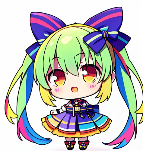 Chibi, full body, white background, high detail, UHQ, (multicolored), bow, (1 girl), (colorful)