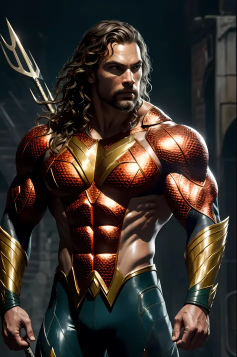 (8k, RAW photo, best quality, masterpiece: 1.2), ultra-detailed, formal art, photorealism: 1.37, upper body photo, The Rock 40 years DC Aquaman, film grain, action pose