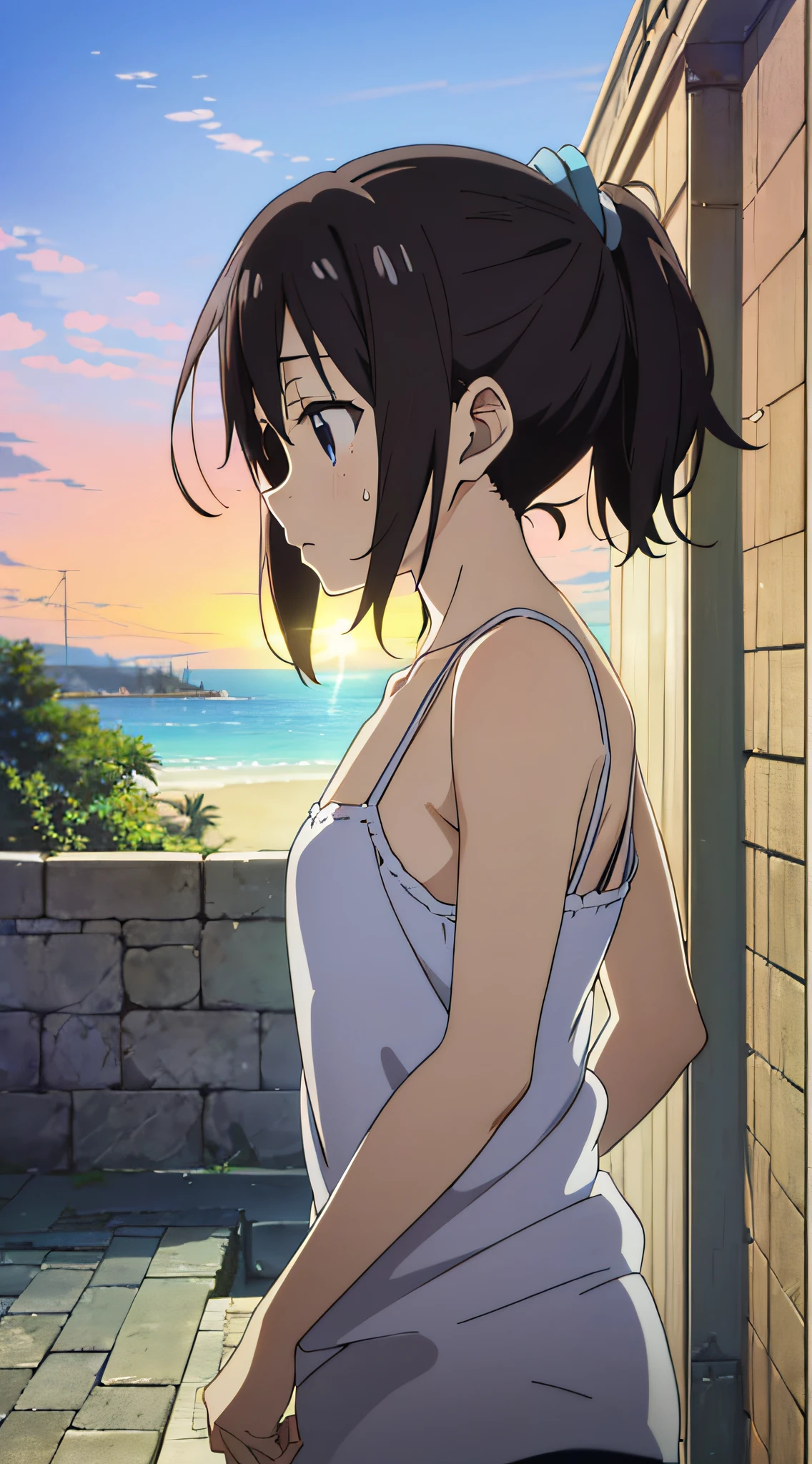 (Anime, Anime Art Style:1.2) Yuyushiki, Young Girl, 13 years old, Sweaty, Camisole, Seaside, Sunshine, (Looking away:1.5),Blue sky,Various movements,Various angles