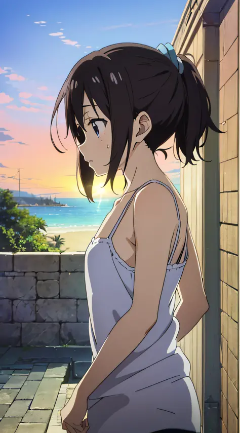 (Anime, Anime Art Style:1.2) Yuyushiki, Young Girl, 13 years old, Sweaty, Camisole, Seaside, Sunshine, (Looking away:1.5),Blue s...