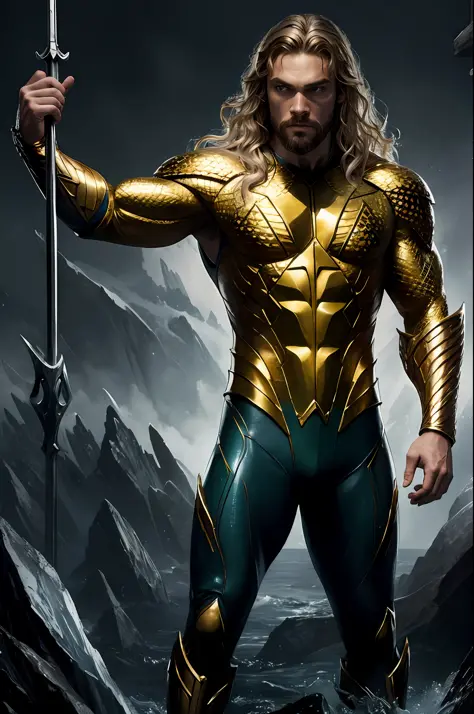 (16k, RAW photo, best quality, masterpiece: 1.2), ultra-detailed, formal art, photorealism: 1.37, upper body photo, Man actor Will smthi o""40 years DC Aquaman, film grain, action pose