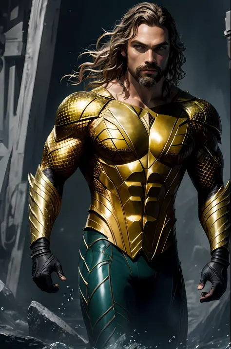 (16k, RAW photo, best quality, masterpiece: 1.2), ultra-detailed, formal art, photorealism: 1.37, upper body photo, Man actor Will smthi o""40 years DC Aquaman, film grain, action pose