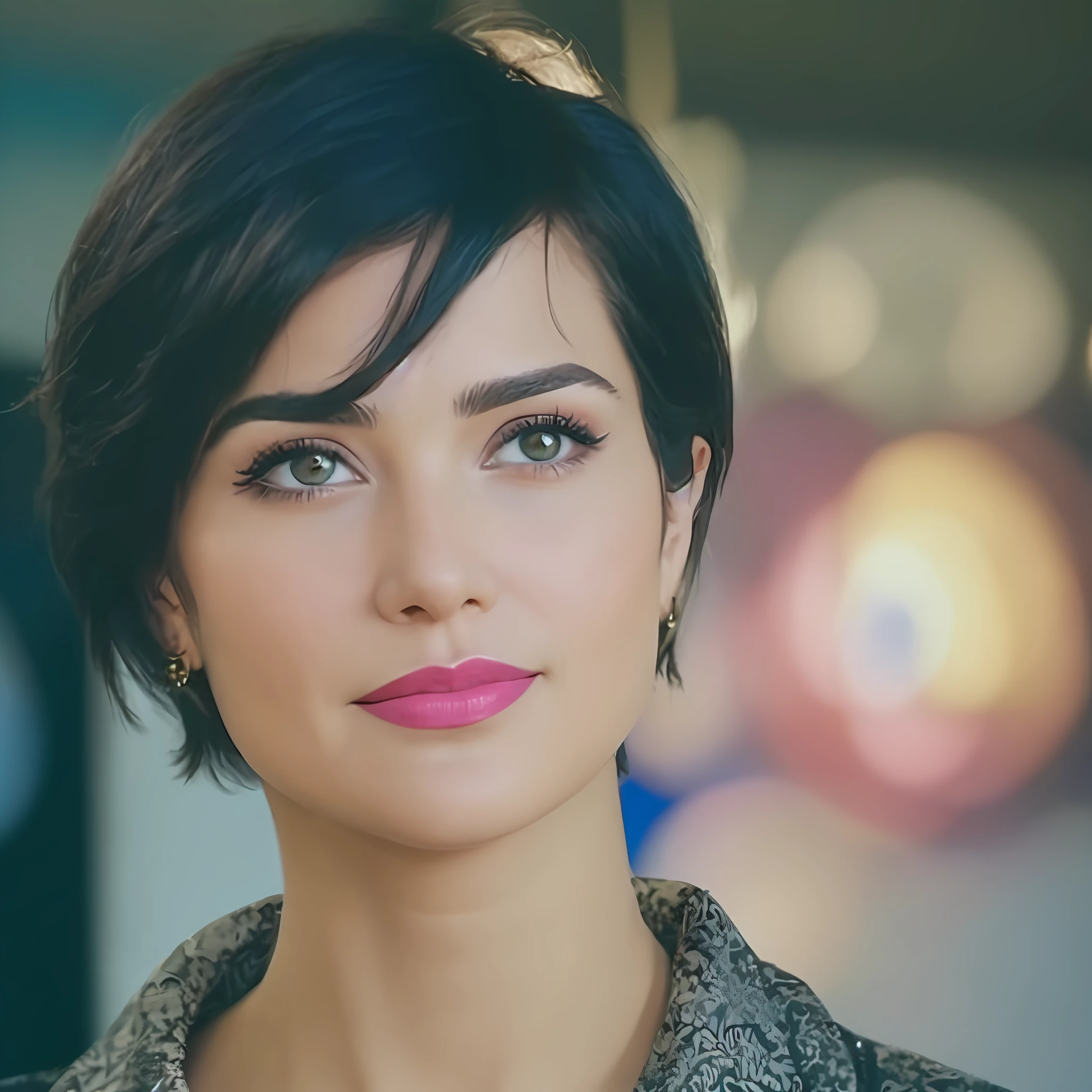 Variations similar to this face: a woman with a short haircut and a necklace, looks like ebru şahin, short brown hair and big eyes, hyperrealistic, soft red lipstick