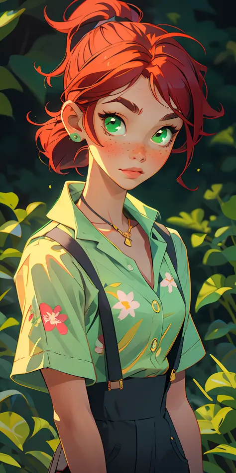 (masterpiece, best quality), 1girl, collarbone, wavy hair, looking at the viewer, blurry, upper body, necklace, suspenders, floral print, ponytail, freckles, red hair, sunlight, alien, green light, green molasses