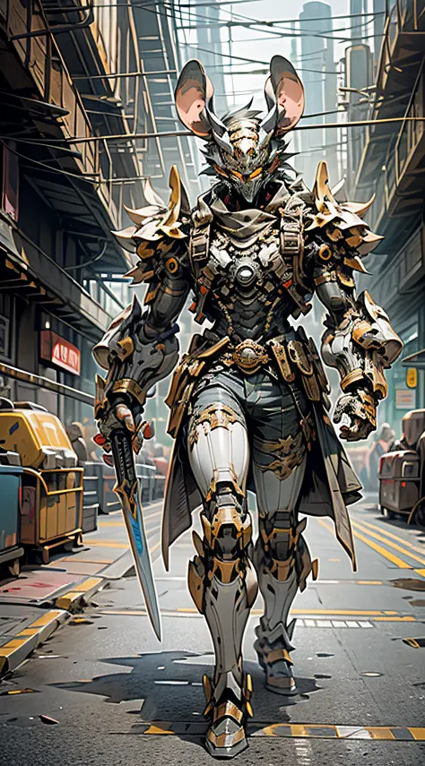 (Masterpiece) A man in antique armor and a mouse mask walking down the street, costumed warrior, weapon in hand, cyberpunk style...