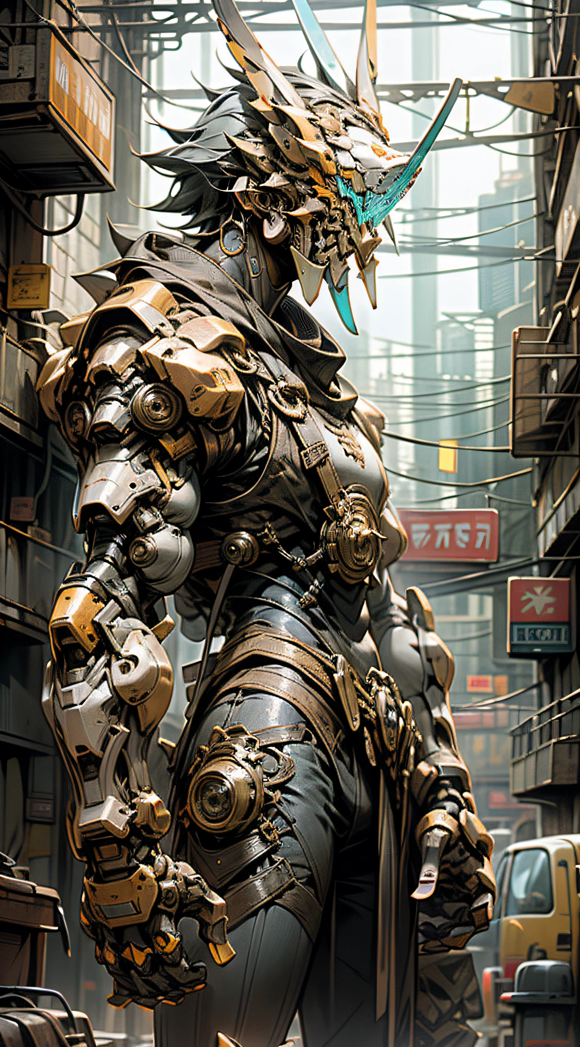 (傑作) 一個身穿古董盔甲、戴著雞頭面具、手持武器的男子站在街上, 盛裝戰士, 手中的武器, 賽博龐克風格的配色方案, ((複雜的細節, 超詳細)) 8K.