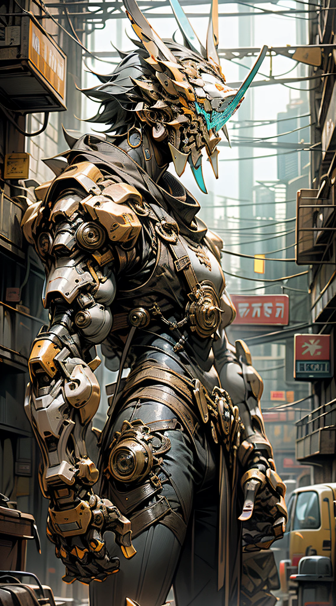 (Masterpiece) A man in antique armor and a chicken head mask with a weapon standing in the street, costumed warrior, weapon in hand, cyberpunk style color scheme, ((intricate details, super detailed)) 8K.