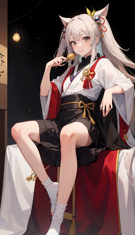 1 girl, smile, shirt, skirt, (small) chiralism, Japan high school student, priestess costume, New Year's bite, (portrait from the knee up),