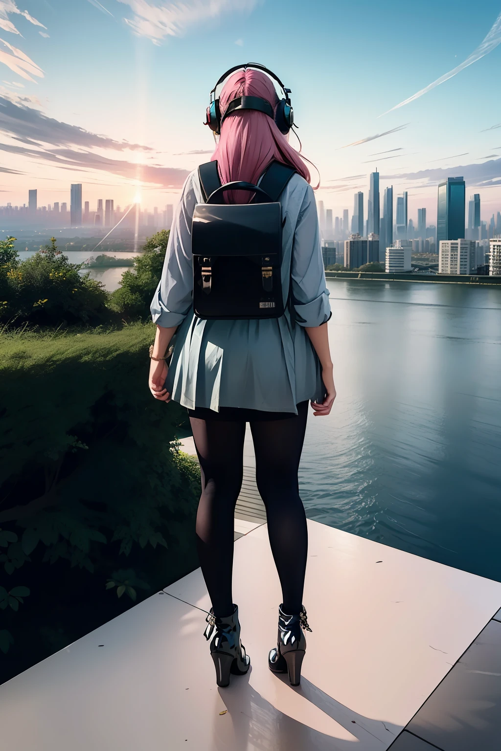 woman standing on a hill overlooking a futuristic city, 1girl, cityscape, city, cloud, scenery, dragons flying in the sky, skyscrapers, long hair, pink hair, from behind, sunrise, facing away, water, river, waterfall, light rays, bridge, backpack, large headphones, high heeled boots, black pantyhose, pencil skirt, masterpiece, highly detailed,