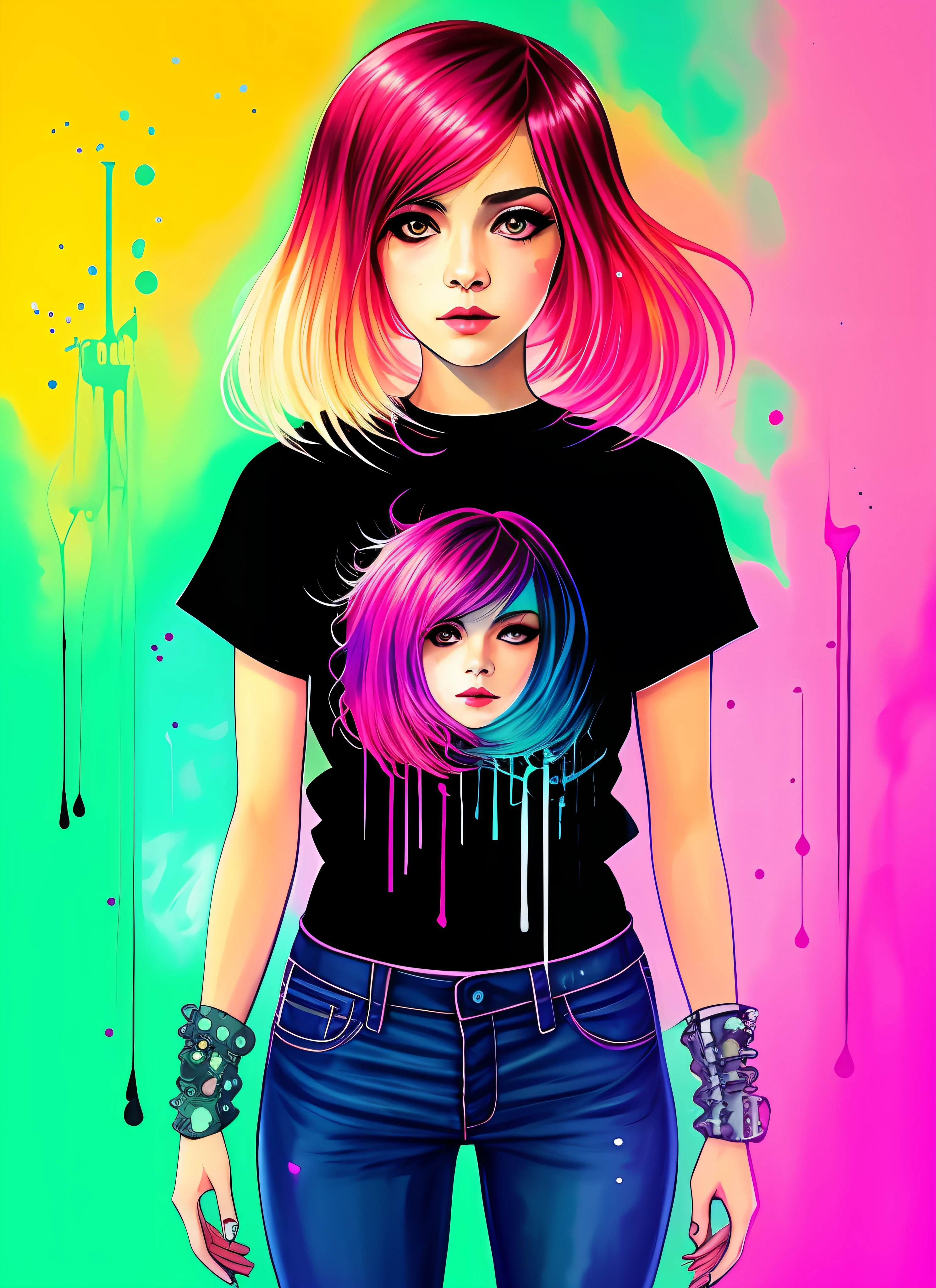 mulher chibi swpunk synthwavea por Agnes Cecile, design luminoso, cores pastel, gotas de tinta, luzes de outono