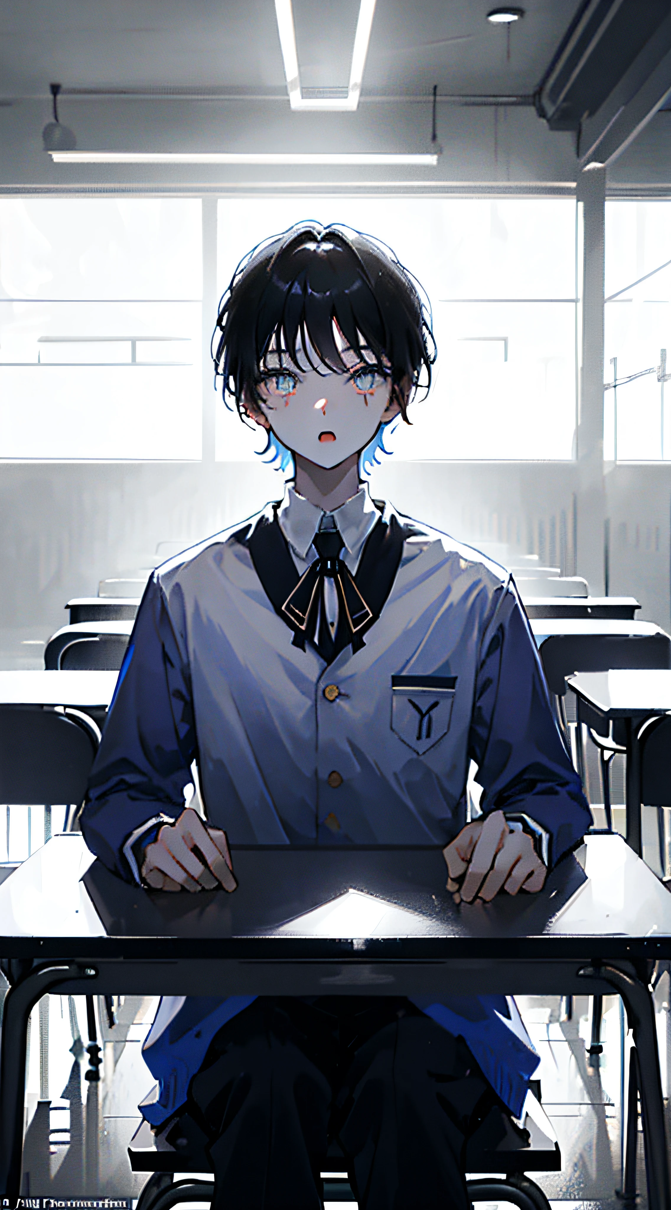 ((Boy: 2, Best Quality)), son, wearing a light blue , sitting on a class seat, hands parallel to the table, square face, inch, pupils narrowed, mouth slightly open, a look of surprise, looking at the audience, face close, (masterpiece), facing the audience, only counting the facial area.