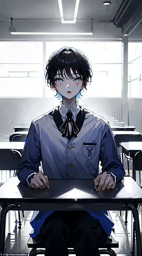 ((Boy: 2, Best Quality)), son, wearing a light blue school uniform, sitting on a class seat, hands parallel to the table, square...