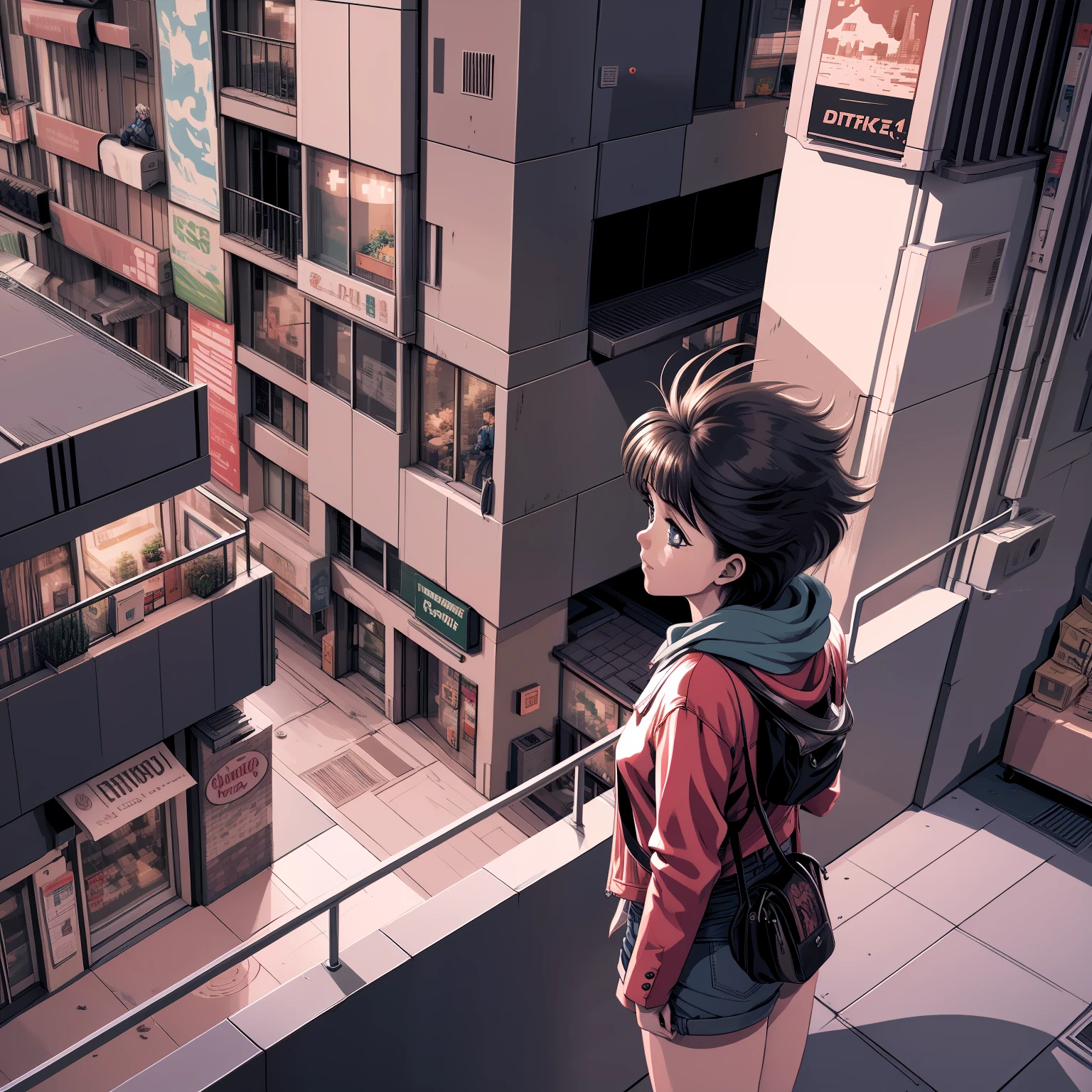 Mature-looking anime girl wearing a red jacket watching the landscape from the balcony of an apartment overlooking the city at night, image with third-person perspective, 3 0 4 0 x 1 4 4 0 detailed pixel art, 3 0 4 0 x 1 4 4 0, 32-bit pixel art,  vibrant pixelated art, colorful detailed pixel art, carefully detailed anime pixel art, originally detailed vibrant anime pixel art, detailed neon pixel art, pc-98 pixelart, policenauts style pixel art, 1 6-bit colors