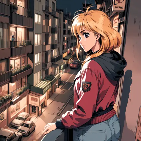 Mature-looking anime girl wearing a red jacket watching the landscape from the balcony of an apartment overlooking the city at n...