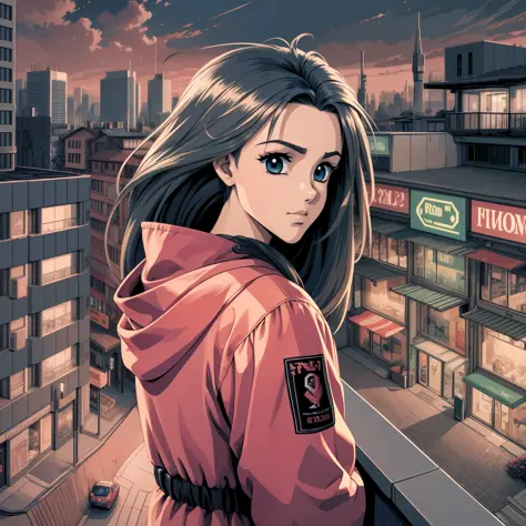 Mature-looking anime girl wearing a red jacket watching the landscape from the balcony of an apartment overlooking the city at n...