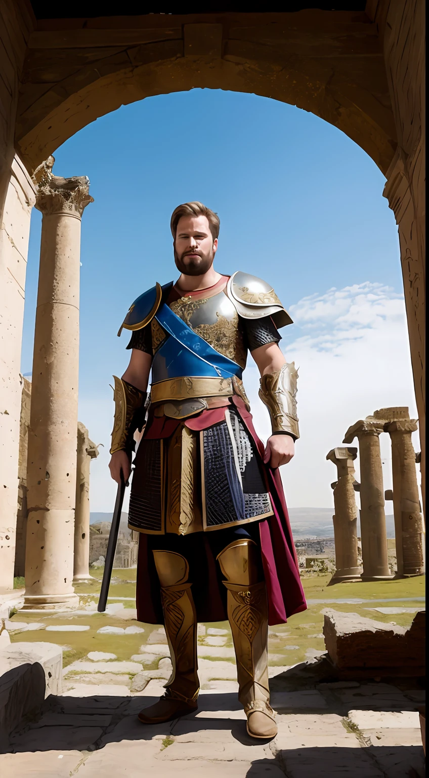 (masterpiece, high resolution, realistic style:1.2), King Alaric I, (ornate Visigoth armor:1.2), commanding presence, leading his determined Visigoth troops, fierce warriors, locked in fierce battle against the Roman Empire, ancient city of Rome in ruins, (weathered stone structures:1.1), towering columns, scattered debris, historical accuracy, attention to detail, trending on ArtStation, intense emotion, capturing the spirit of the 5th century, authentic composition, epic scale.