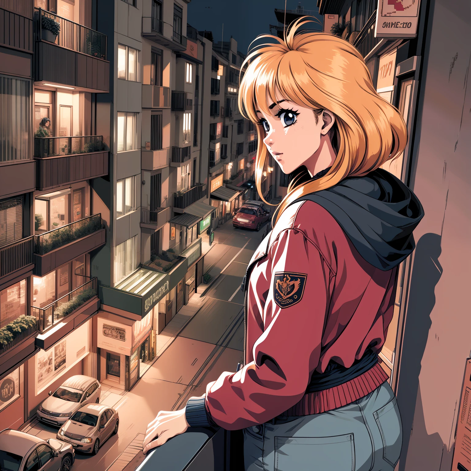 Mature-looking anime girl wearing a red jacket watching the landscape from the balcony of an apartment overlooking the city at night, image with third-person perspective, 3 0 4 0 x 1 4 4 0 detailed pixel art, 3 0 4 0 x 1 4 4 0, 32-bit pixel art,  vibrant pixelated art, colorful detailed pixel art, carefully detailed anime pixel art, originally detailed vibrant anime pixel art, pixel art with neon details, pc-98 pixelart, policenauts style pixel art, 1 6-bit colors