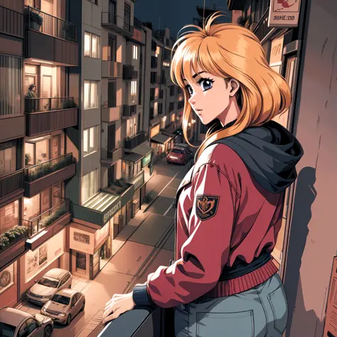 Mature-looking anime girl wearing a red jacket watching the landscape from the balcony of an apartment overlooking the city at n...